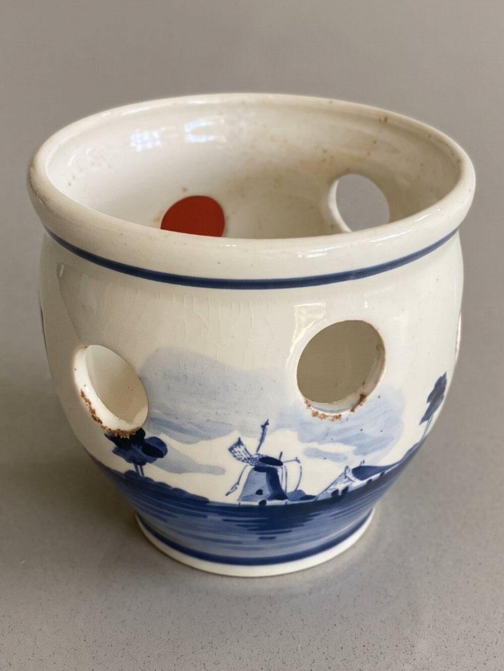 Delft Blauw Hand Painted Blue White Pottery Bulb Planter Holland Windmill 4.5”